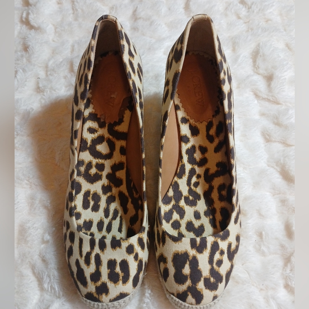 J. Crew Shoes Womens 7.5 Brown Seville Espadrille Wedge Leopard Canvas